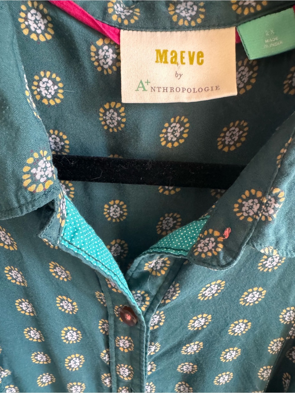 Anthropologie Teal Button-Down Shirt with Cream Dot Motif - Picture 8 of 8